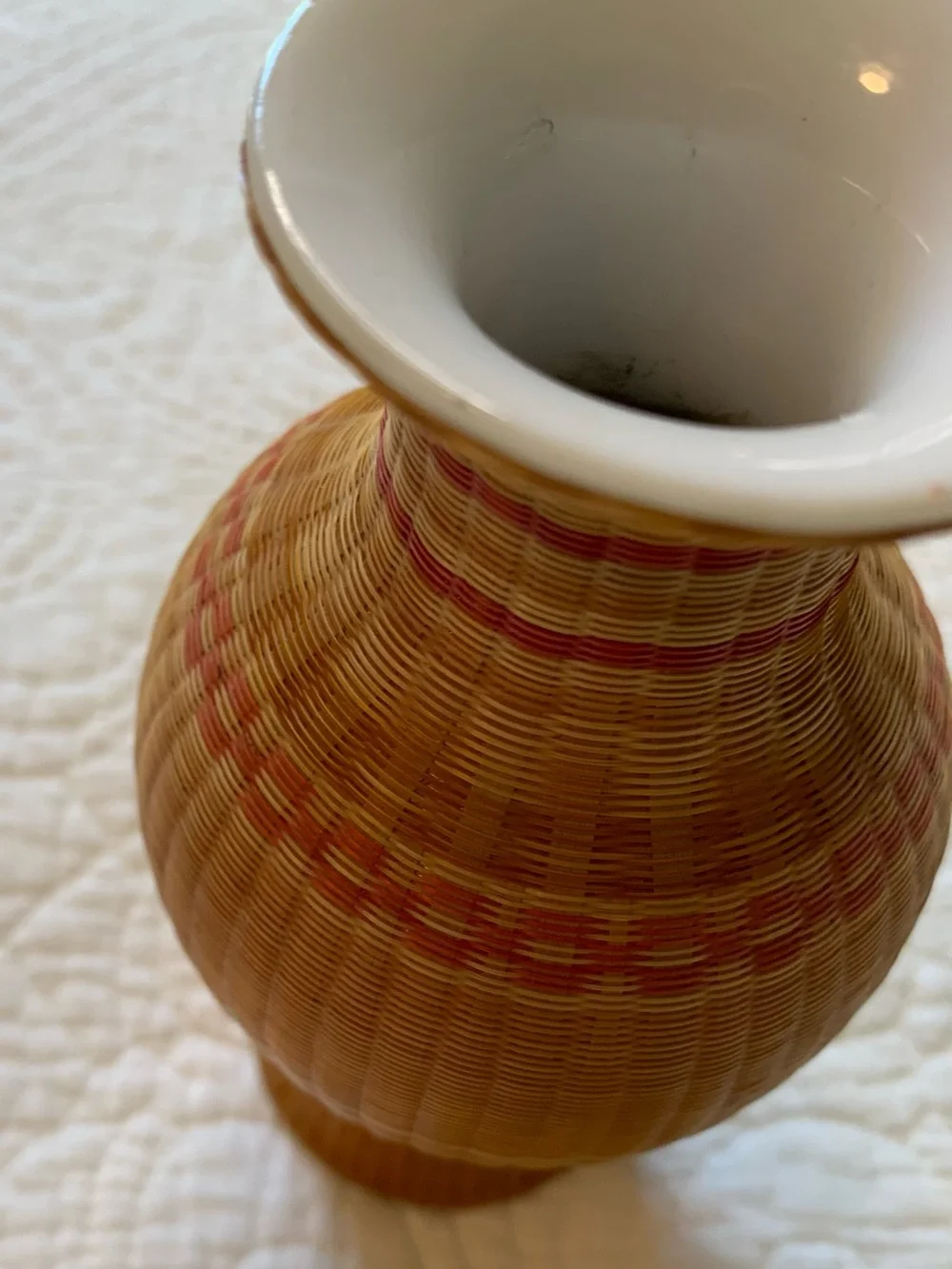 Vintage Chinese FINE Rattan Bamboo Woven Porcelain Vase